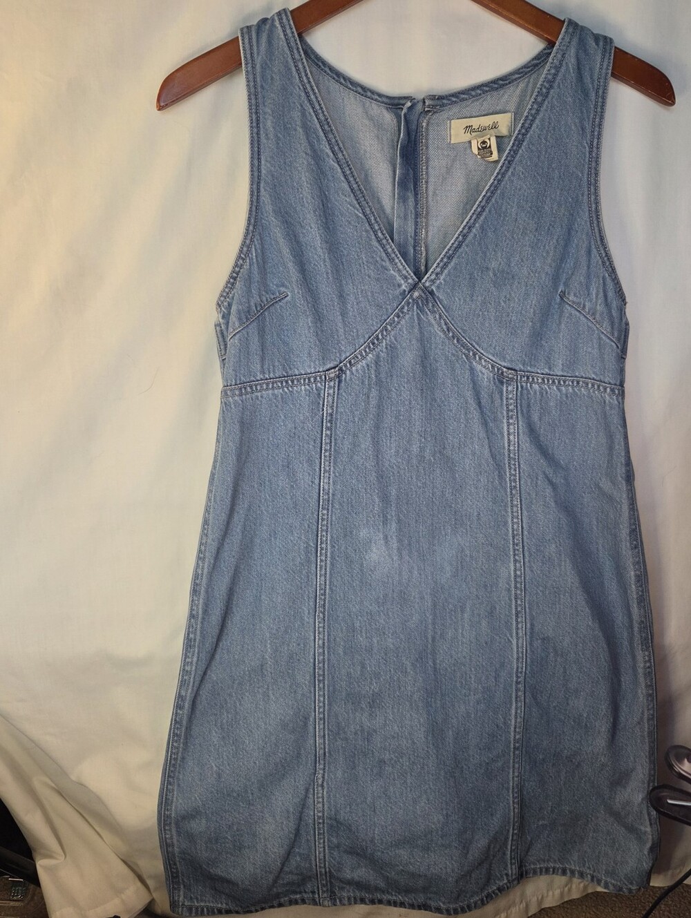 Madewell Ariana V-Neck Light Wash Denim A-Line Mini Dress Zips Down Back Sz S
